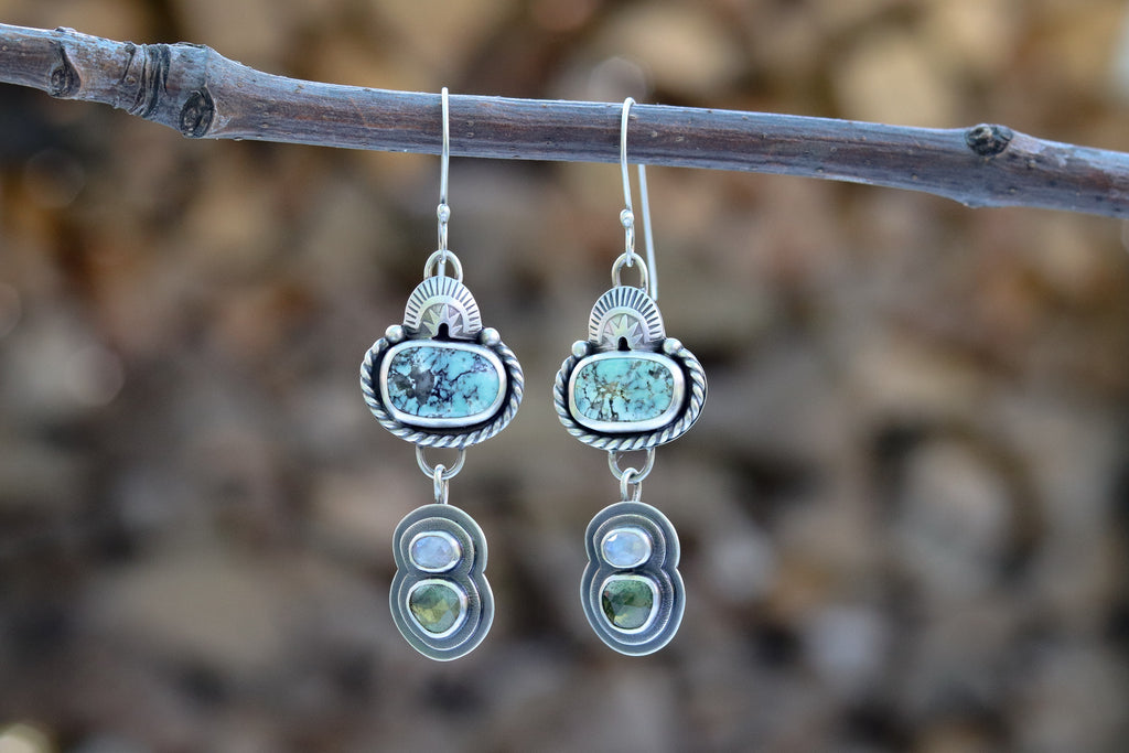 Prince Variscite + Moonstone + Moldavite Dangles