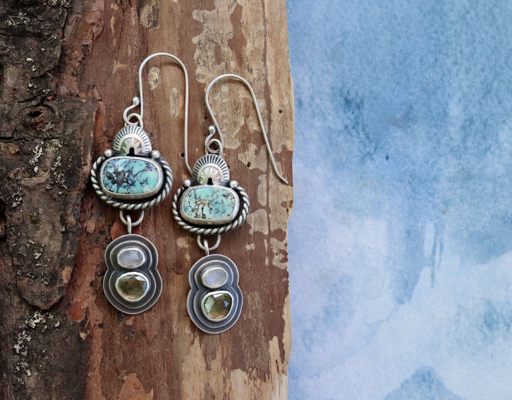 Prince Variscite + Moonstone + Moldavite Dangles