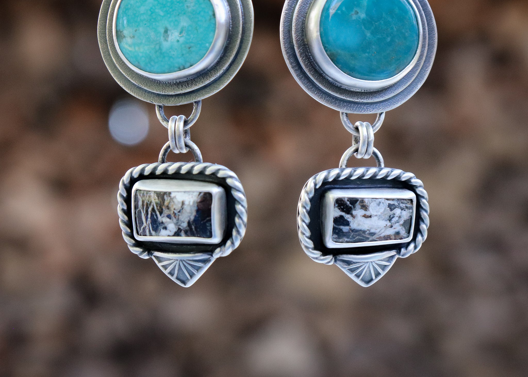 Sunrise Earrings - Campitos Turquoise + White Buffalo Turquoise
